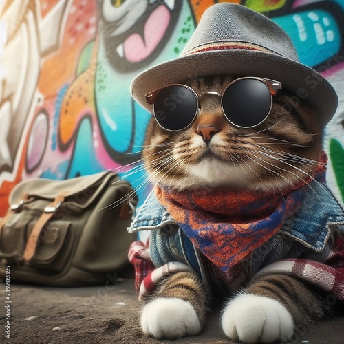 cat with sunglasses and hat photo