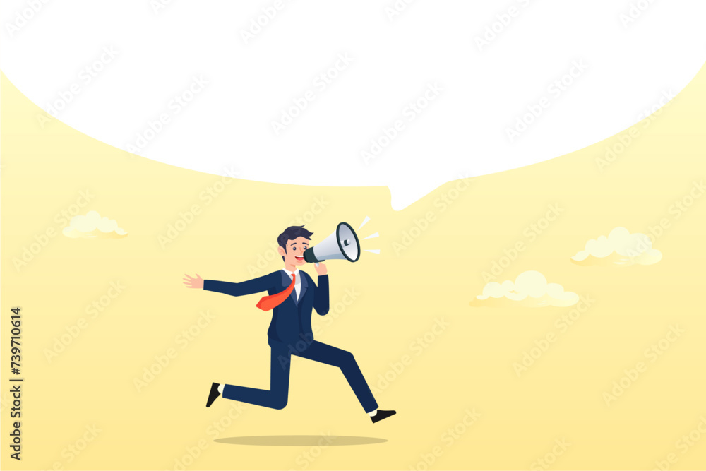 Businessman speak out on megaphone with big speech bubble, Man speak out or speak up to communicate, telling the truth or big announcement, voice to be heard, male leadership or message (Vector)