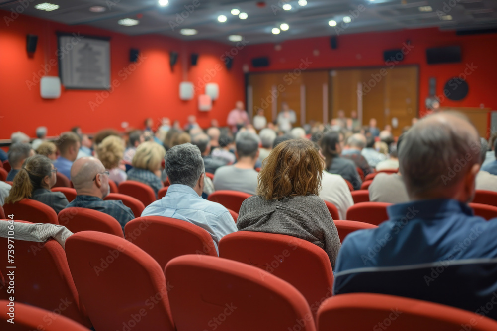 Audience Attentively Listening at a Conference in a Hall with Red Seats