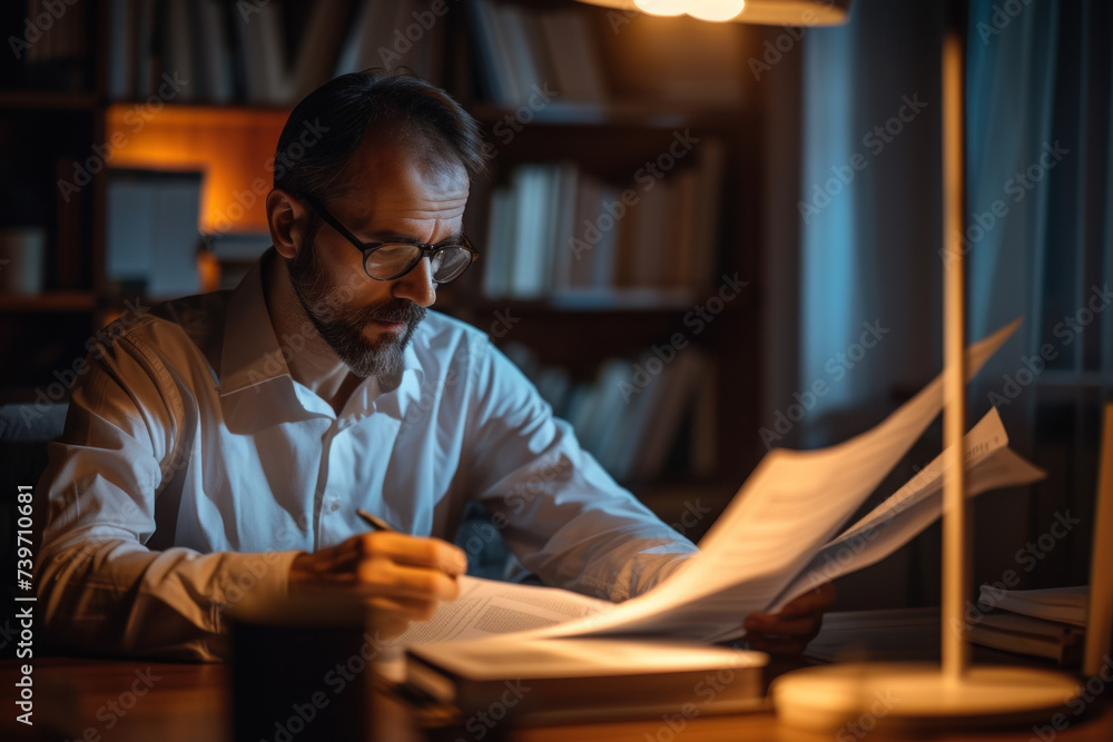  Focused Man Reviewing Documents Late at Night in a Home Office