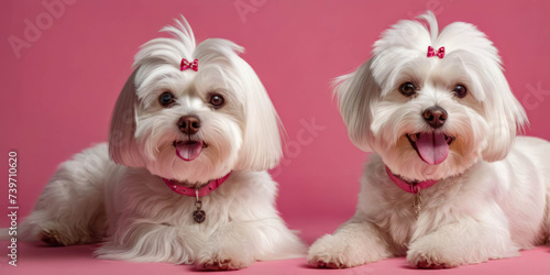 Twin Maltese Puppies with Pink Bows on a Pink Background