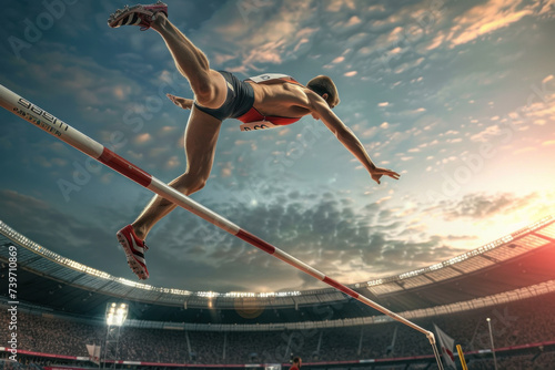 Male Athlete Performing High Jump Over Bar in Stadium During Sunset