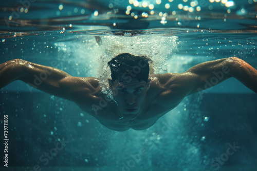 Dynamic Underwater View of a Male Swimmer Performing the Butterfly Stroke