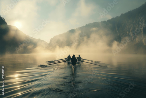 Tranquil Dawn Rowing Session on a Misty Mountain Lake © KirKam