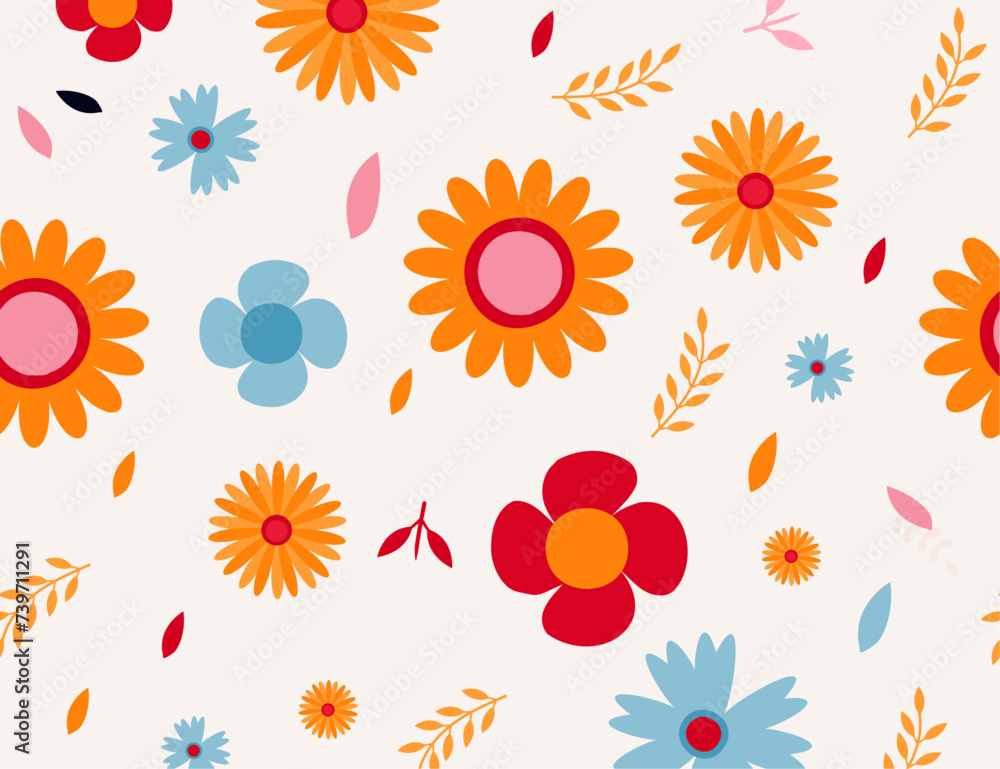 Retro flowers colorful pattern with flowers and shapes. vector