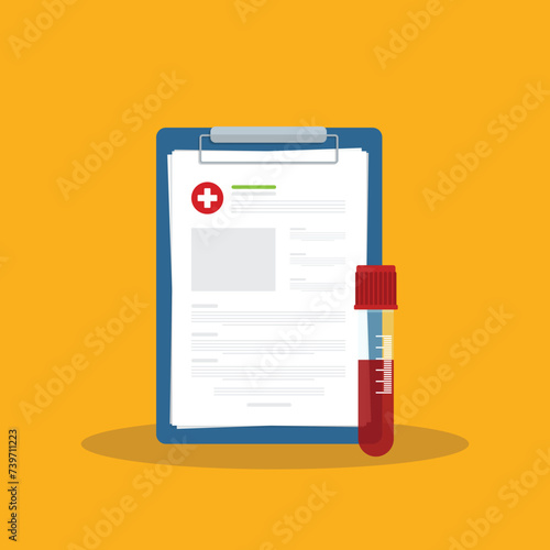 Blood analysis. Blood test. Medical research report with medical sample in a glass tube.	