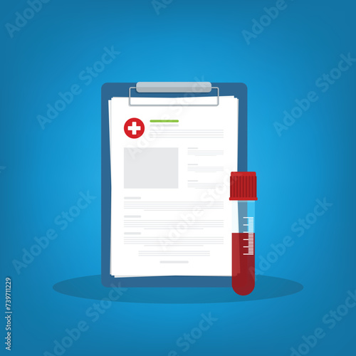 Blood analysis. Blood test. Medical research report with medical sample in a glass tube.	