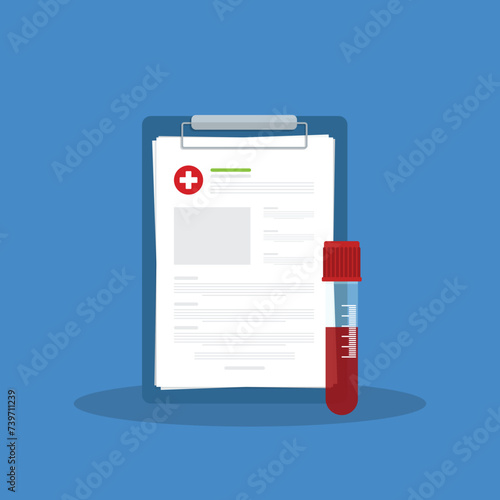 Blood analysis. Blood test. Medical research report with medical sample in a glass tube.	