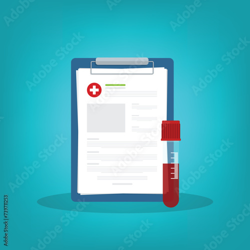 Blood analysis. Blood test. Medical research report with medical sample in a glass tube.	