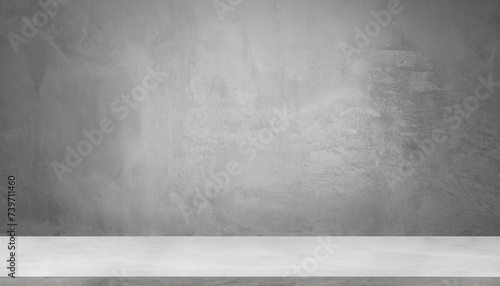 Empty Gray Wall Room interiors Studio Concrete Backdrop and Floor cement Shelf, well editing montage display products and text present on free space Grey Color Background
