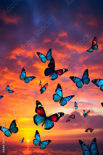 Kaleidoscope of Freedom: Captivating Display of Flying Butterflies Against a Clear Blue Sky