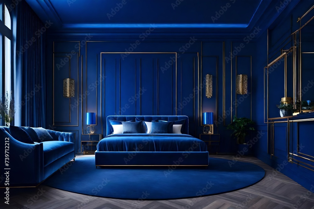 Luxury blue in the interior design room. Navy cobalt color walls and