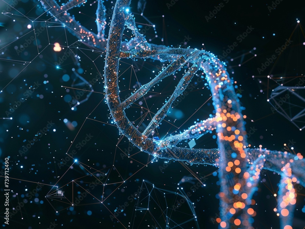 Abstract DNA background with glowing stars and futuristic design elements in a colorful space illustration Abstract DNA background with glowing stars and futuristic design elements in a colorful space illustration