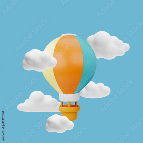 Hot air balloon with basket in the clouds, 3d vector cartoon render striped aerostat flying in the sky, air transport