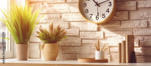 Alarm clock, books and vase with flowers on windowsill