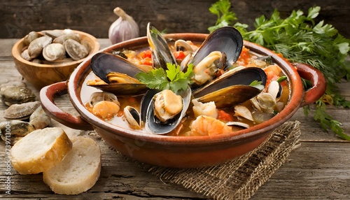 Mussels and shellfish, Mediterranean seafood soup on wooden background 