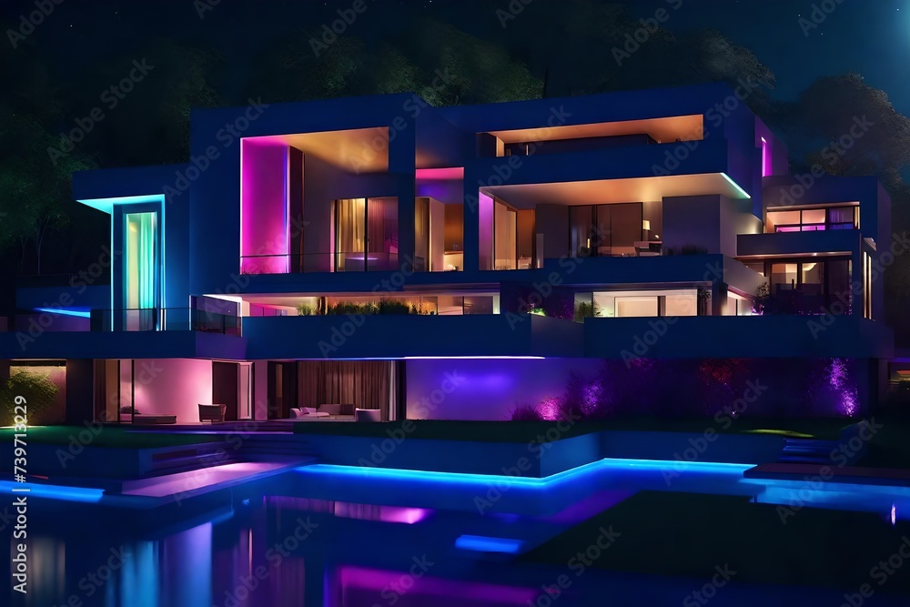 Modern villa with colored led lights at night Modern villa with colored led lights at night