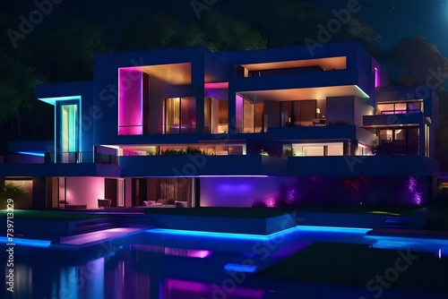 Modern villa with colored led lights at night © saadulhaq