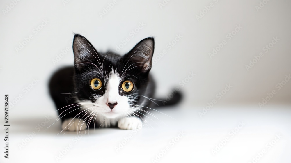 Black and white cat sit on white isolated background.