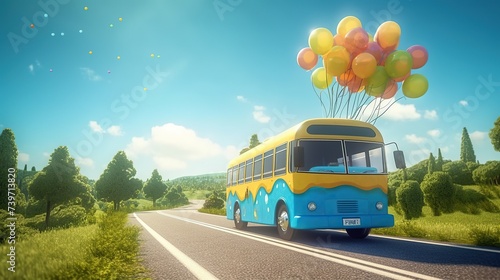 Bus with colorful balloons on the road