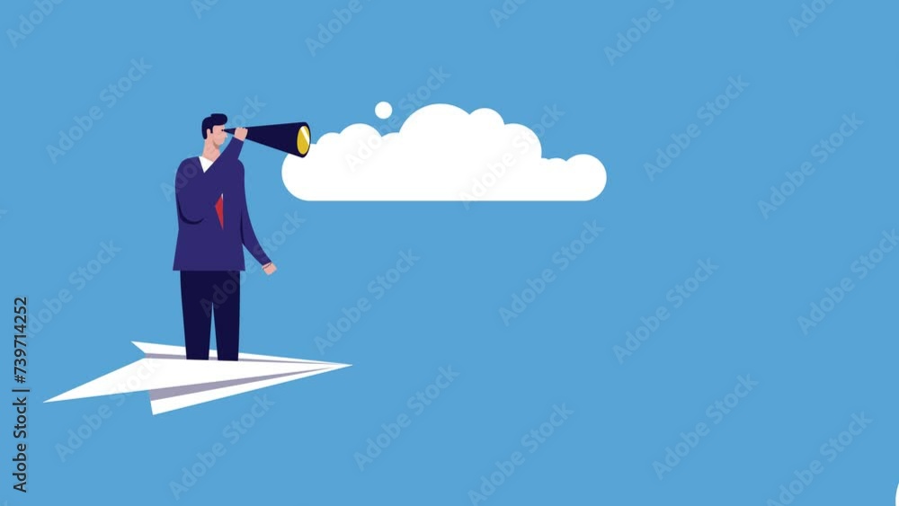 Business man flying with paper plane, Business man using telescope looking for the opportunity video illustration Business man flying with paper plane, Business man using telescope looking for the opportunity video illustration