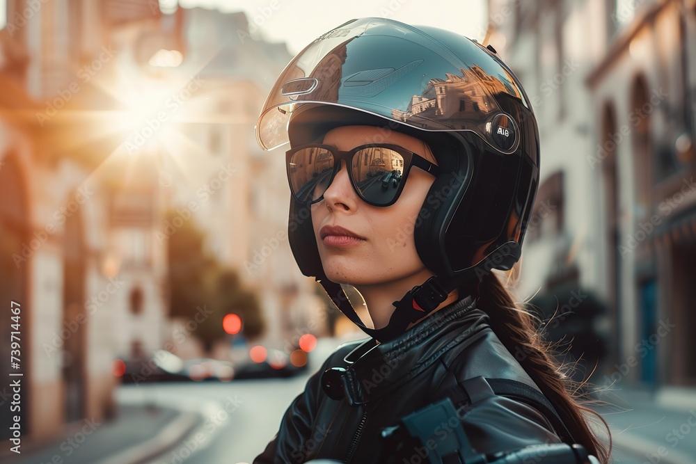 Electric scooter rider wearing a sleek, modern helmet with reflective elements. Urban street setting with a mix of buildings and greenery Electric scooter rider wearing a sleek, modern helmet with reflective elements. Urban street setting with a mix of buildings and greenery