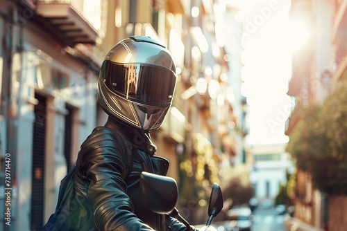 Electric scooter rider wearing a sleek, modern helmet with reflective elements. Urban street setting with a mix of buildings and greenery