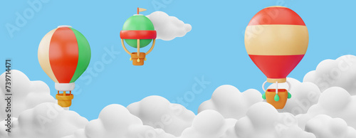 Hot air balloons with basket in the clouds, 3d vector cartoon various aerostats flying in the sky air transport festival
