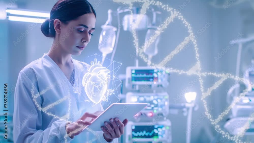 Futuristic doctor analyzing a holographic in a high-tech medical facility. Futuristic doctor analyzing a holographic in a high-tech medical facility.