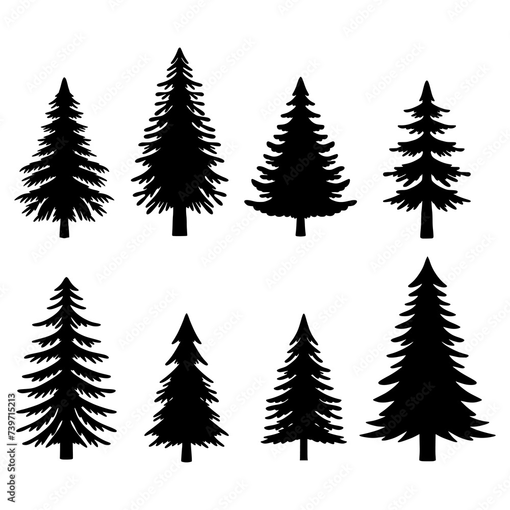 Obraz premium Isolated Pine on the white background. Pine silhouettes. Tree hand drawn. Vector EPS 10