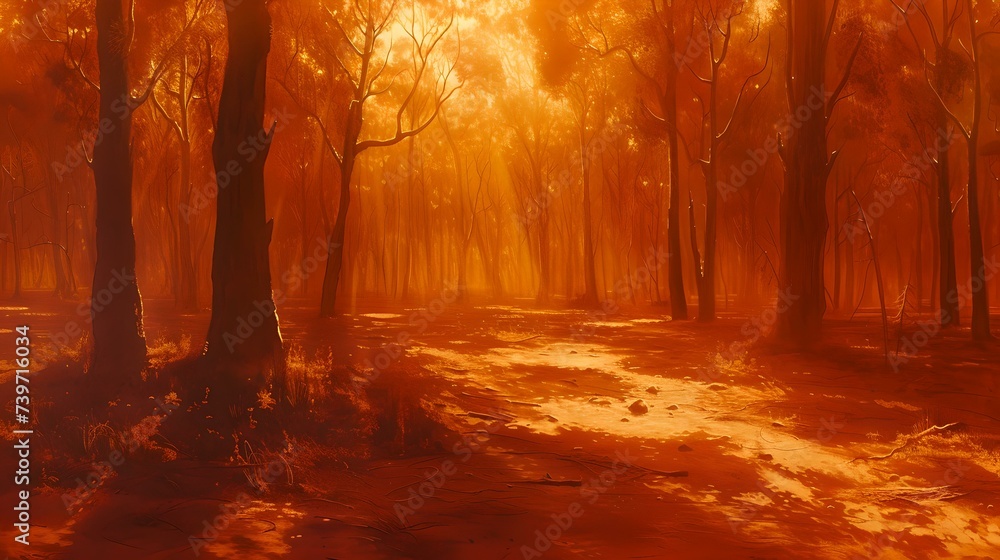Mystical forest in autumn hues, golden light piercing through trees, dreamy landscape scene perfect for backgrounds and themes. AI