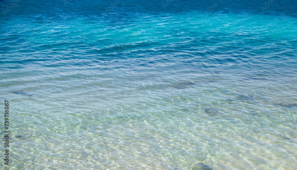 Ocean sea texture with calm clear water of lagoon near shore of tropical island, copy space in blue Ocean sea texture with calm clear water of lagoon near shore of tropical island, copy space in blue