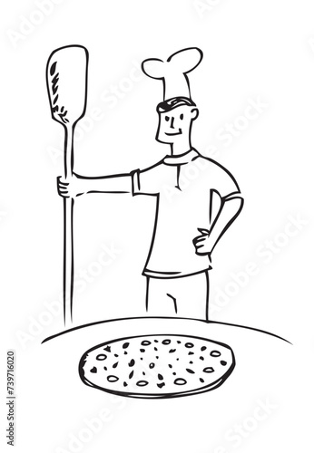 Fresh Pizza cooked by a baker outline concept. editable Clip Art.