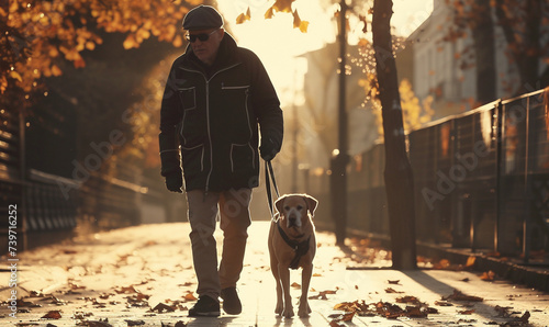 Guide dog is helping a blind man walking in morning sunrise. photo