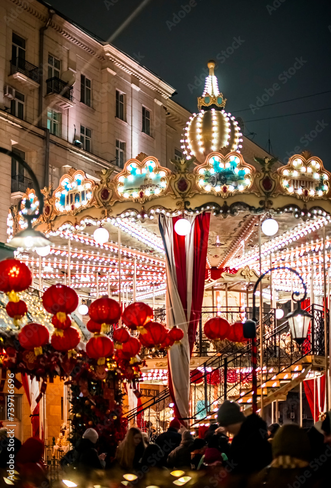 Chinese New Year. Red Chinese lanterns. Evening festive illumination Chinese New Year. Red Chinese lanterns. Evening festive illumination