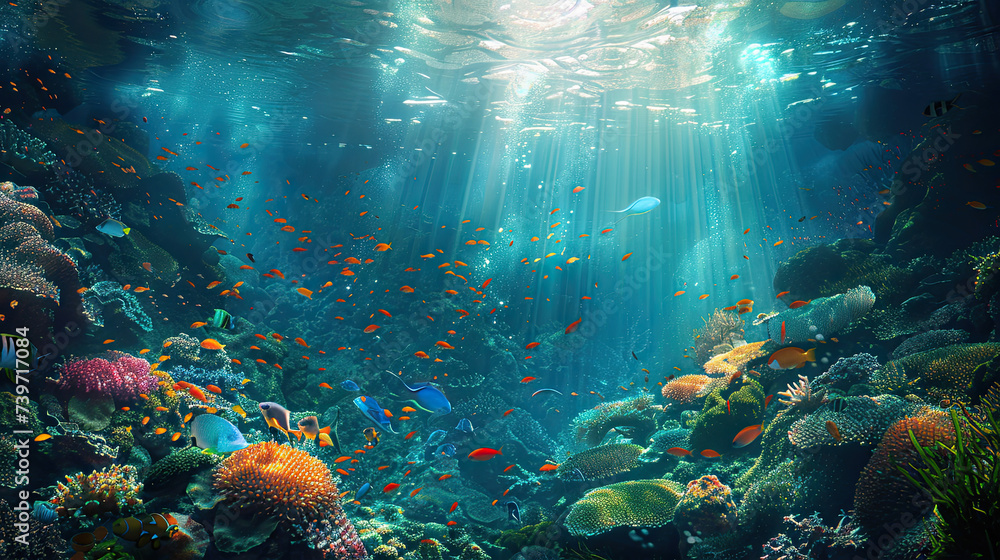 Fototapeta premium An underwater seascape illuminated by sunbeams filtering through the ocean surface, showcasing a vibrant coral reef teeming with tropical fish. 