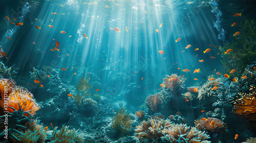 An underwater seascape illuminated by sunbeams filtering through the ocean surface, showcasing a vibrant coral reef teeming with tropical fish.  © Oranuch