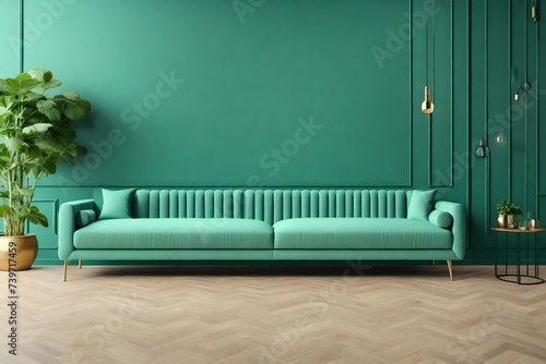 green mint wall with sofa on wood floor interior © saadulhaq