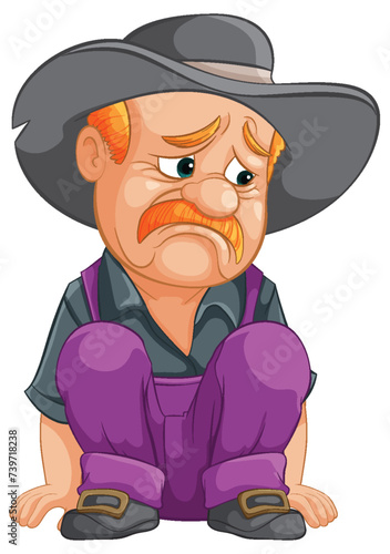 Cartoon cowboy sitting down, looking dejected and thoughtful.