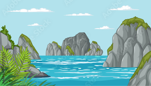 Tranquil water scene with lush greenery and cliffs