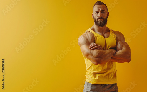 bodybuilder man on solid color background. gym or health concept. Space for text