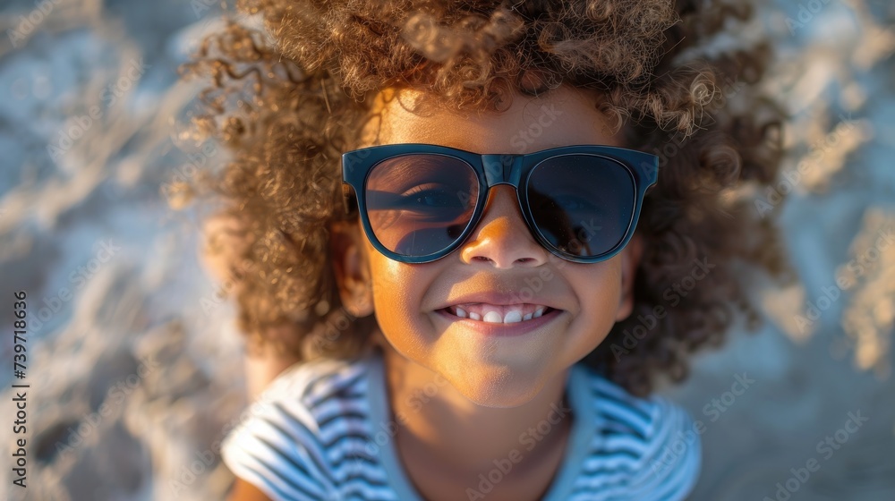 Curly-Haired Child with Glasses Smiling Outdoors. Curly-Haired Child with Glasses Smiling Outdoors.