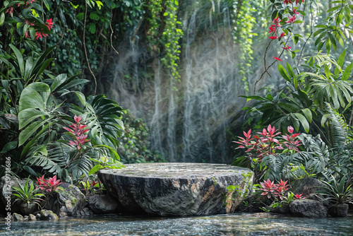 Product presentation with a rock podium,Tropical Jungle Paradise with Lush Plants, Palms, and Vibrant Foliage in a Serene Outdoor Garden Setting