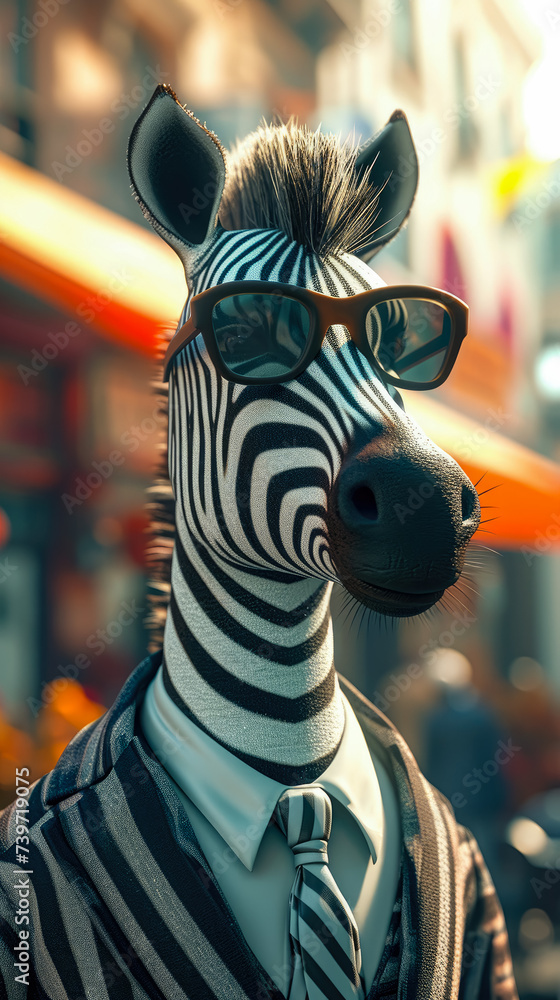 Fashionable zebra strides through city streets in tailored elegance, epitomizing street style. The realistic urban backdrop frames this black-and-white beauty, seamlessly merging wild charm with conte