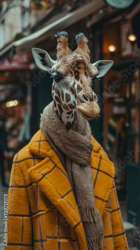 Graceful giraffe strolls through city streets in tailored splendor, epitomizing street style. The realistic urban setting captures the long-necked charm seamlessly merged with contemporary fashion all