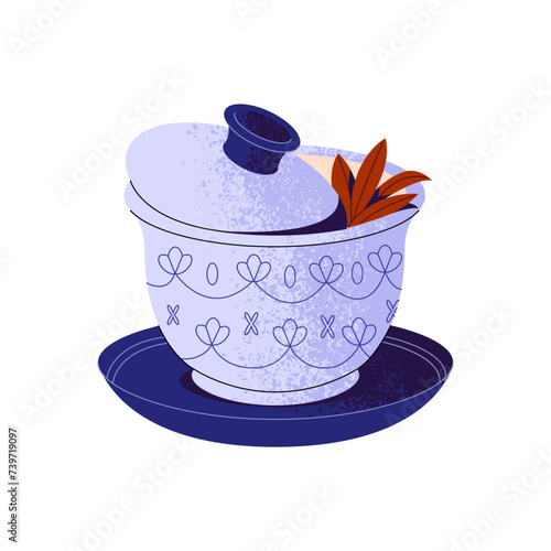 Cooking utensils for traditional tea ceremony. Asian teapot for making herbal drink, brewing beverage from leaves. Pottery gaiwan, pot with lid. Flat isolated vector illustration on white background