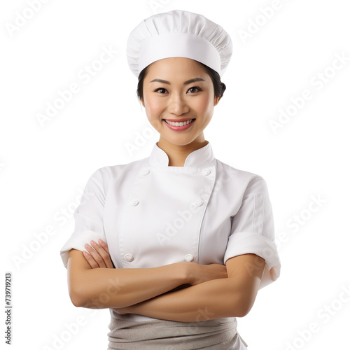 Front view mid body shot of an extremely beautiful Asian female model dressed as a Baker smiling with arms folded, isolated on a white background