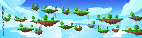 Game world with Level platforms, summer forest land islands floating in the sky, vector fantasy reward coins, chest, key