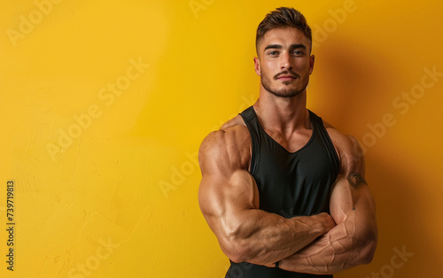 bodybuilder man on solid color background. gym or health concept. Space for text