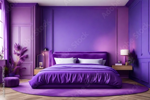 A colorful empty lavender wall and a purple velvet bed. Lilac   room interior design